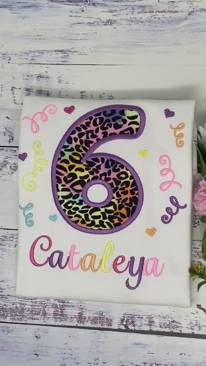 Girl 6th birthday shirt with cheetah print and number, Rainbow Cheetah embroidery, Leopard print shirt, Made for any age, Pastel Cheetah,
