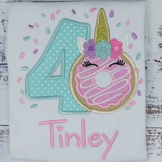 Girl 4th Birthday Unicorn Donut Shirt With Name, 3rd 5th, 6tBirthday Donut Shirt, Birthday Shirt with Donut, Donut Party, Sweet four