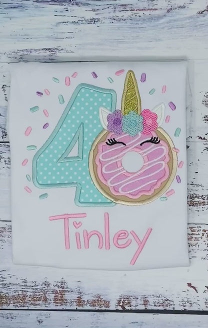 Girl 4th Birthday Unicorn Donut Shirt With Name, 3rd 5th, 6tBirthday Donut Shirt, Birthday Shirt with Donut, Donut Party, Sweet four