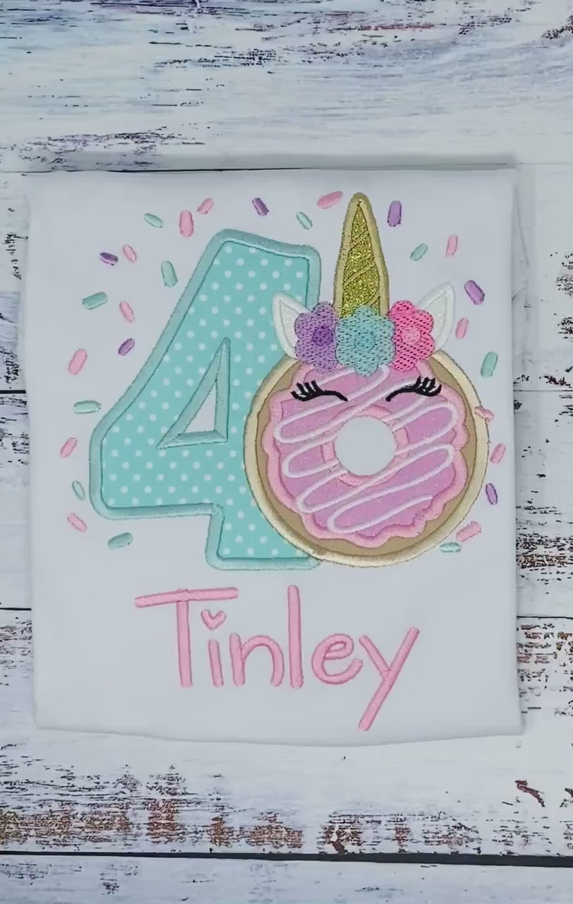 Girl 4th Birthday Unicorn Donut Shirt With Name, 3rd 5th, 6tBirthday Donut Shirt, Birthday Shirt with Donut, Donut Party, Sweet four