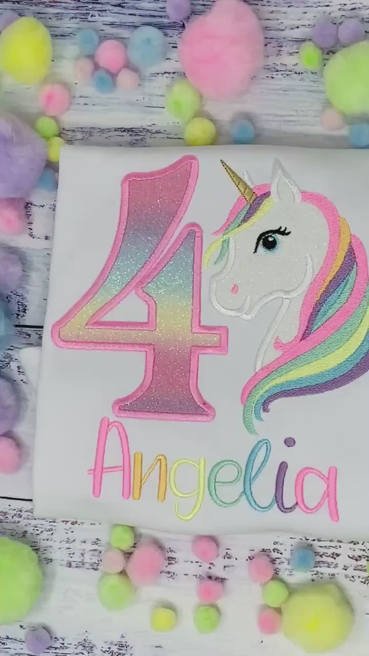 Girl 4th Birthday Pastel Unicorn and number Shirt, SHIPPING NEXT DAY, Girl Rainbow Pastel Unicorn Birthday, Rainbow Uni, Unicorn embroidery