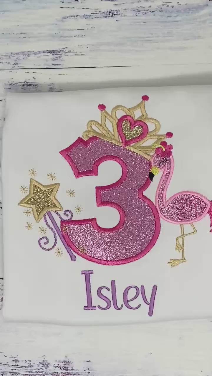 Girl 3rd Princesses and Pink Glitter Flamingo birthday shirt, Princes Tiara Birthday Number, Flamingo Shirt