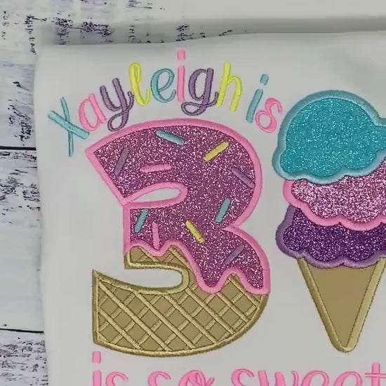 Girl Ice Cream 3rd “Is so sweet” birthday shirt, Sweet Ice Cream cone Theme Party, Pastel ice cream scoops sweet birthday tee