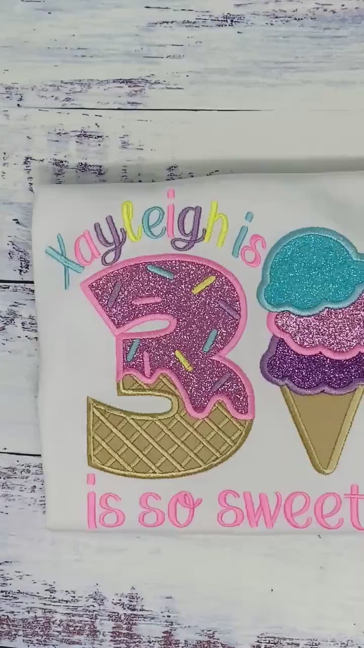 Girl Ice Cream 3rd “Is so sweet” birthday shirt, Sweet Ice Cream cone Theme Party, Pastel ice cream scoops sweet birthday tee