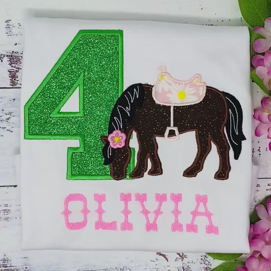 Girl 4th Birthday Shirt With Brown Horse, Birthday Shirt with Embroidered Horse and Saddle, 4th, 6th Horse Birthday Shirt, Green Number