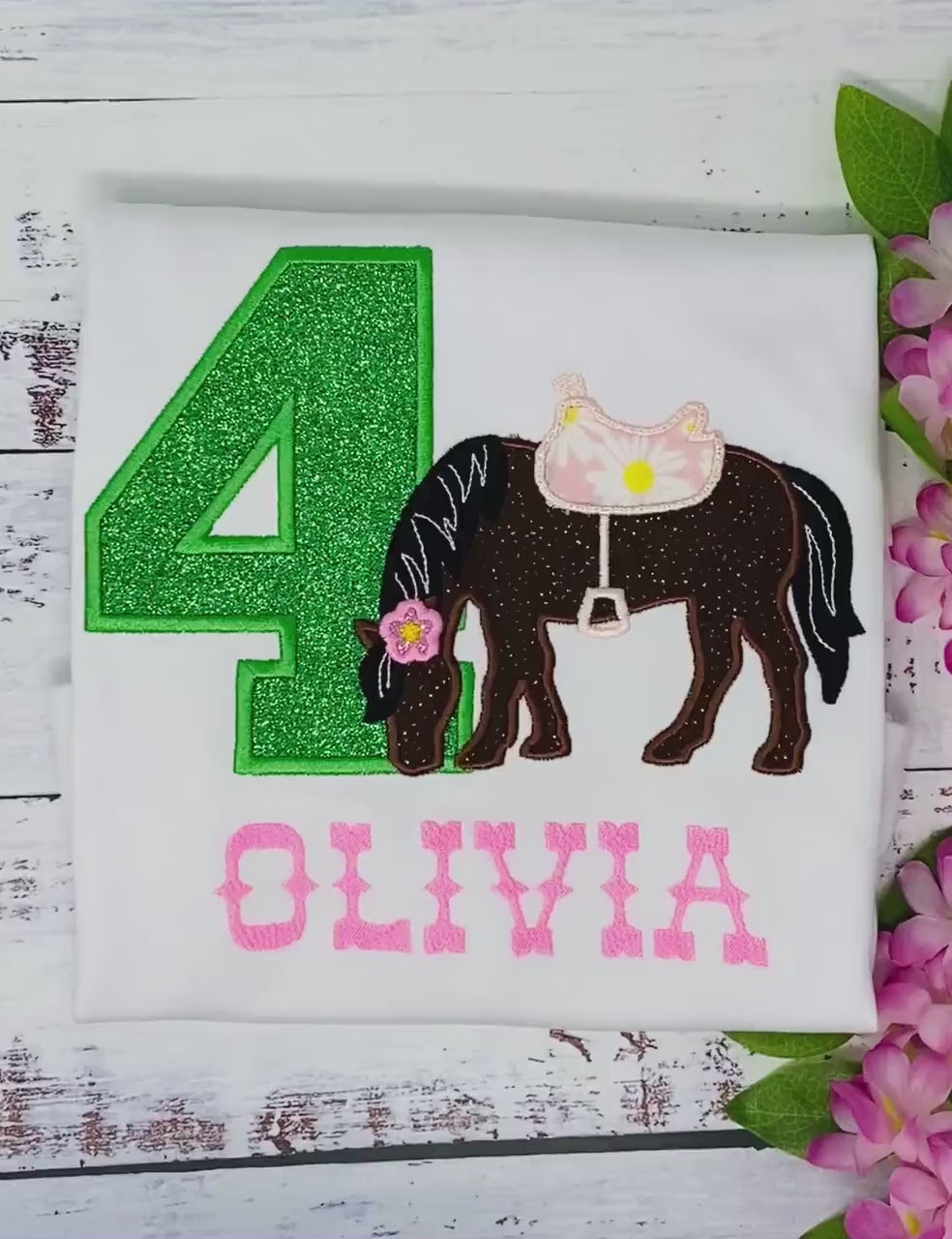 Girl 4th Birthday Shirt With Brown Horse, Birthday Shirt with Embroidered Horse and Saddle, 4th, 6th Horse Birthday Shirt, Green Number