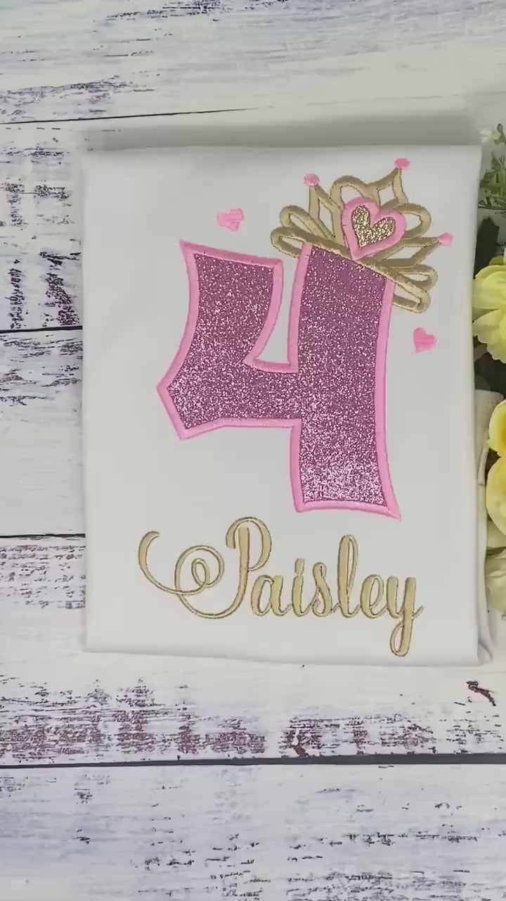 Girl 4th birthday shirt with princess tiara number, Rainbow, Pink Number Princesse Tiara Shirt, Any Age birthday outfit,
