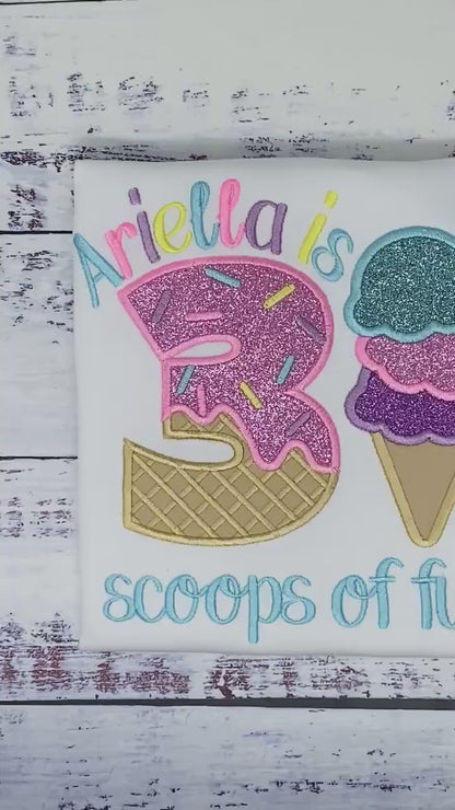 Girl Ice Cream 3 “Scoop of fun” birthday shirt, Sweet Ice Cream cone Theme Party, Pastel sweet birthday tee
