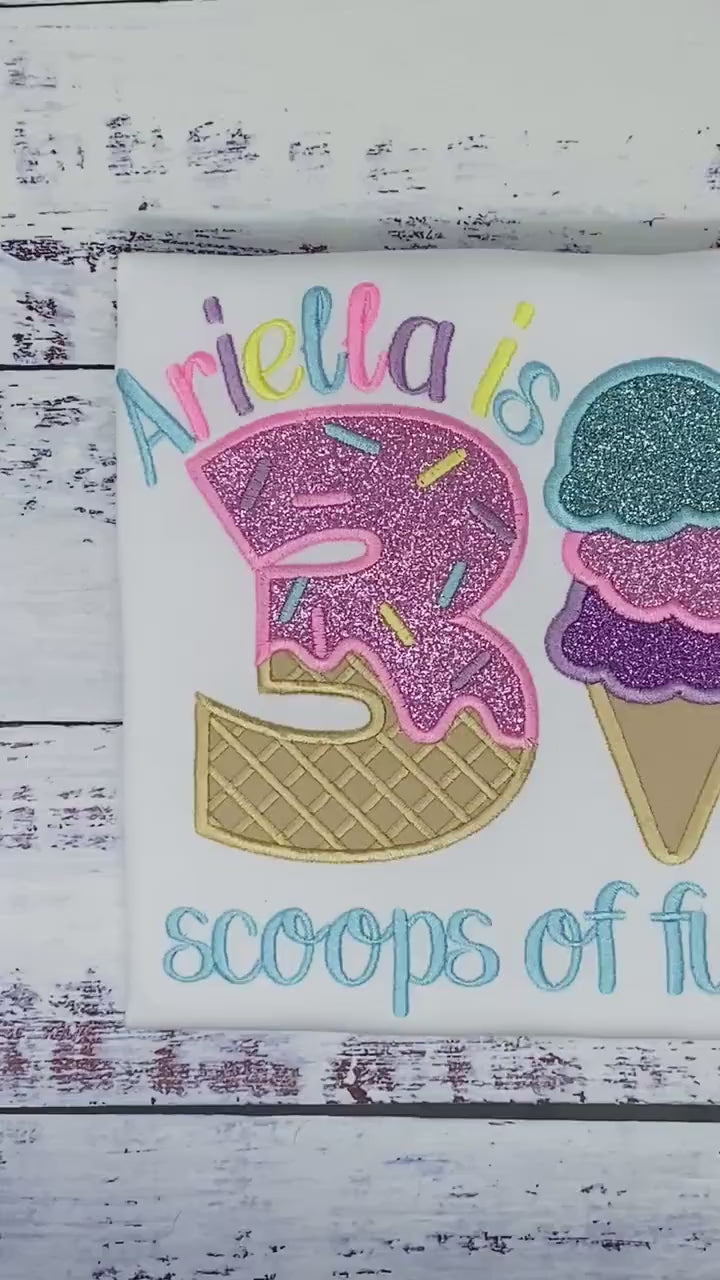 Girl Ice Cream 3 “Scoop of fun” birthday shirt, Sweet Ice Cream cone Theme Party, Pastel sweet birthday tee