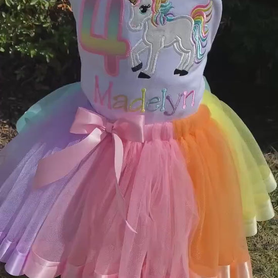 Girl 4th Birthday Pastel Unicorn, Girl Rainbow Tulle Dress Tutu, Pastel Uni tutu set, Rainbow Ribbon Trim, Ages 1-6, Fast shipping 5 days
