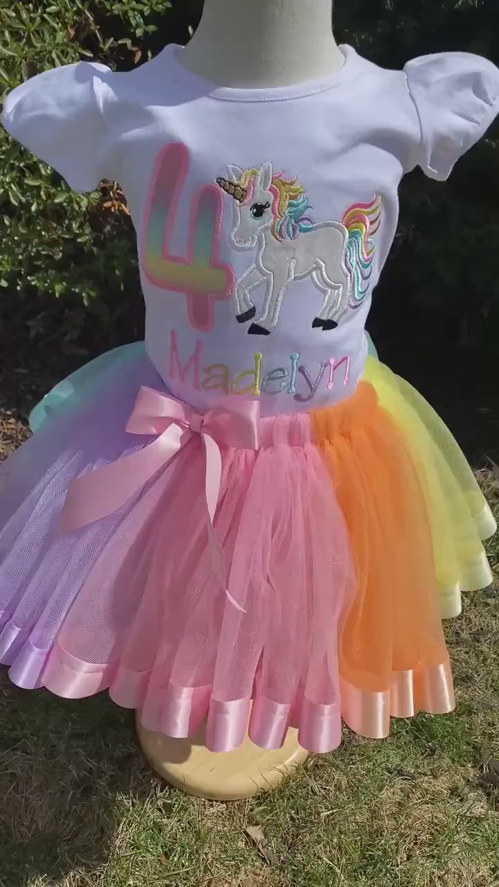 Girl 4th Birthday Pastel Unicorn, Girl Rainbow Tulle Dress Tutu, Pastel Uni tutu set, Rainbow Ribbon Trim, Ages 1-6, Fast shipping 5 days