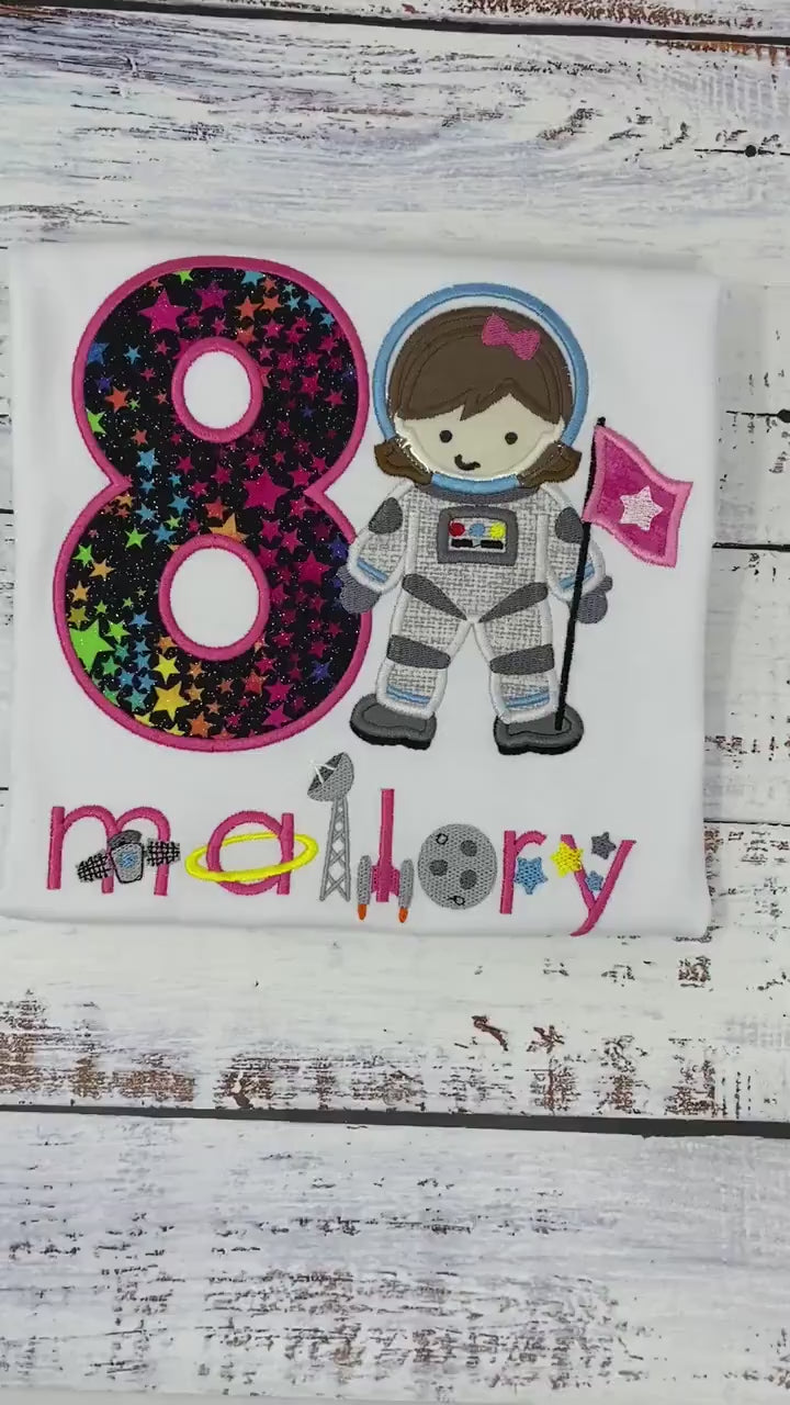 Girl Astronaut Shirt, Astronaut Birthday Party, 8th Astronaut T-shirt, Applique Space Ship, Astronaut Girl Birthday T-Shirt, 4th 5th 6th