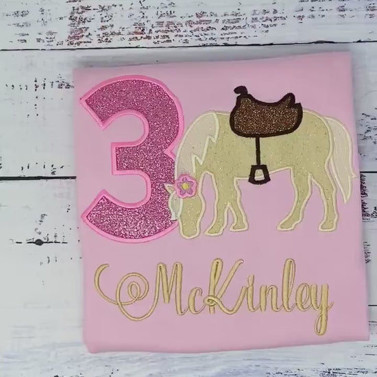 Girl 6th Birthday Shirt With Palomino Horse, Birthday Shirt with Ponny and Saddle, 4th, 6th 7th Horse Embroidery Birthday Shirt