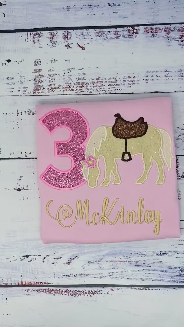 Girl 6th Birthday Shirt With Palomino Horse, Birthday Shirt with Ponny and Saddle, 4th, 6th 7th Horse Embroidery Birthday Shirt