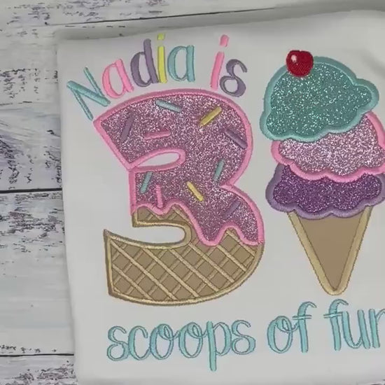 Girl Ice Cream 3 “Scoop of fun” birthday shirt, Sweet Ice Cream cone Theme Party, Pastel sweet birthday tee, Two sweet, Cherry on the top