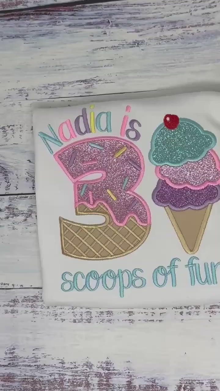 Girl Ice Cream 3 “Scoop of fun” birthday shirt, Sweet Ice Cream cone Theme Party, Pastel sweet birthday tee, Two sweet, Cherry on the top
