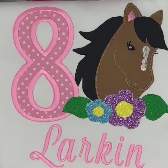 Girl 8th  Birthday Shirt With Bay Brown Horse, Birthday Tee with Ponny, 4th, 6th 7th Horse Embroidery T-Shirt, Any Age, Long Mane Hoese.