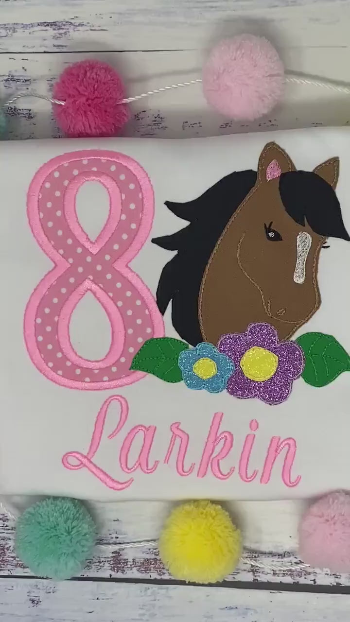 Girl 8th  Birthday Shirt With Bay Brown Horse, Birthday Tee with Ponny, 4th, 6th 7th Horse Embroidery T-Shirt, Any Age, Long Mane Hoese.
