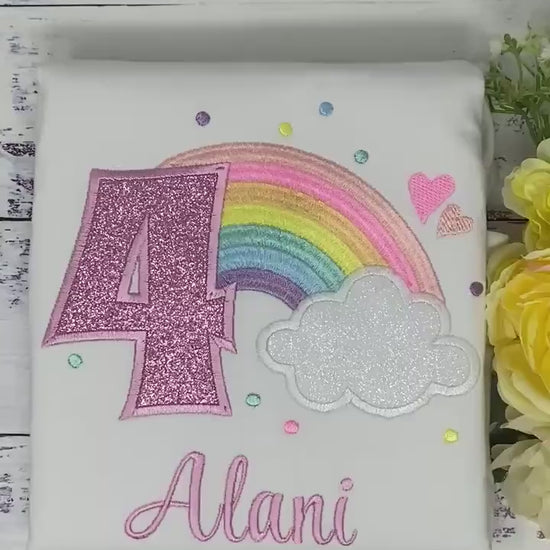 Girl 4th Birthday Cute Rainbow Theme Embroidery shirt, Custom Rainbow Shirt for a Toddler, Pastel Rainbow Cloud Party Tee