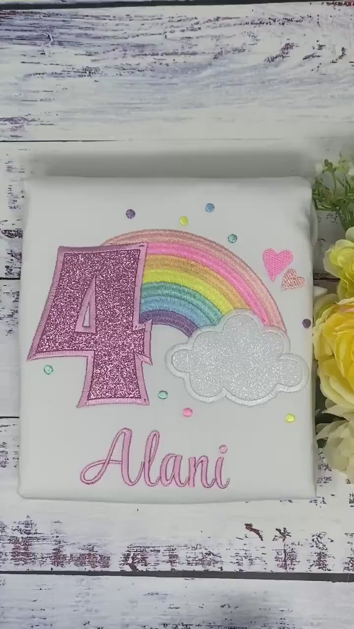 Girl 4th Birthday Cute Rainbow Theme Embroidery shirt, Custom Rainbow Shirt for a Toddler, Pastel Rainbow Cloud Party Tee