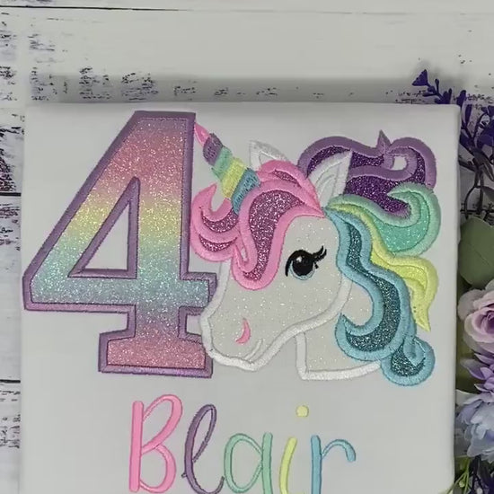 4th Birthday Purple Unicorn Design, Girl Rainbow Pastel Unicorn, Pastel Rainbow Uni Horn, Unicorn outfit, Unicorn embroidery, Any age