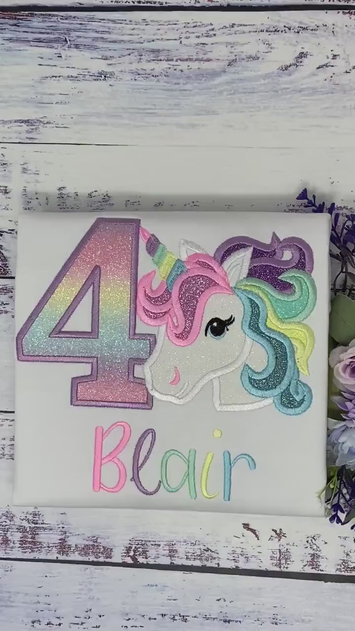 4th Birthday Purple Unicorn Design, Girl Rainbow Pastel Unicorn, Pastel Rainbow Uni Horn, Unicorn outfit, Unicorn embroidery, Any age