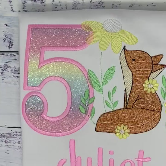 Girl embroidered shirt with fox, Fox birthday theme party, 5th birthday red fox tee