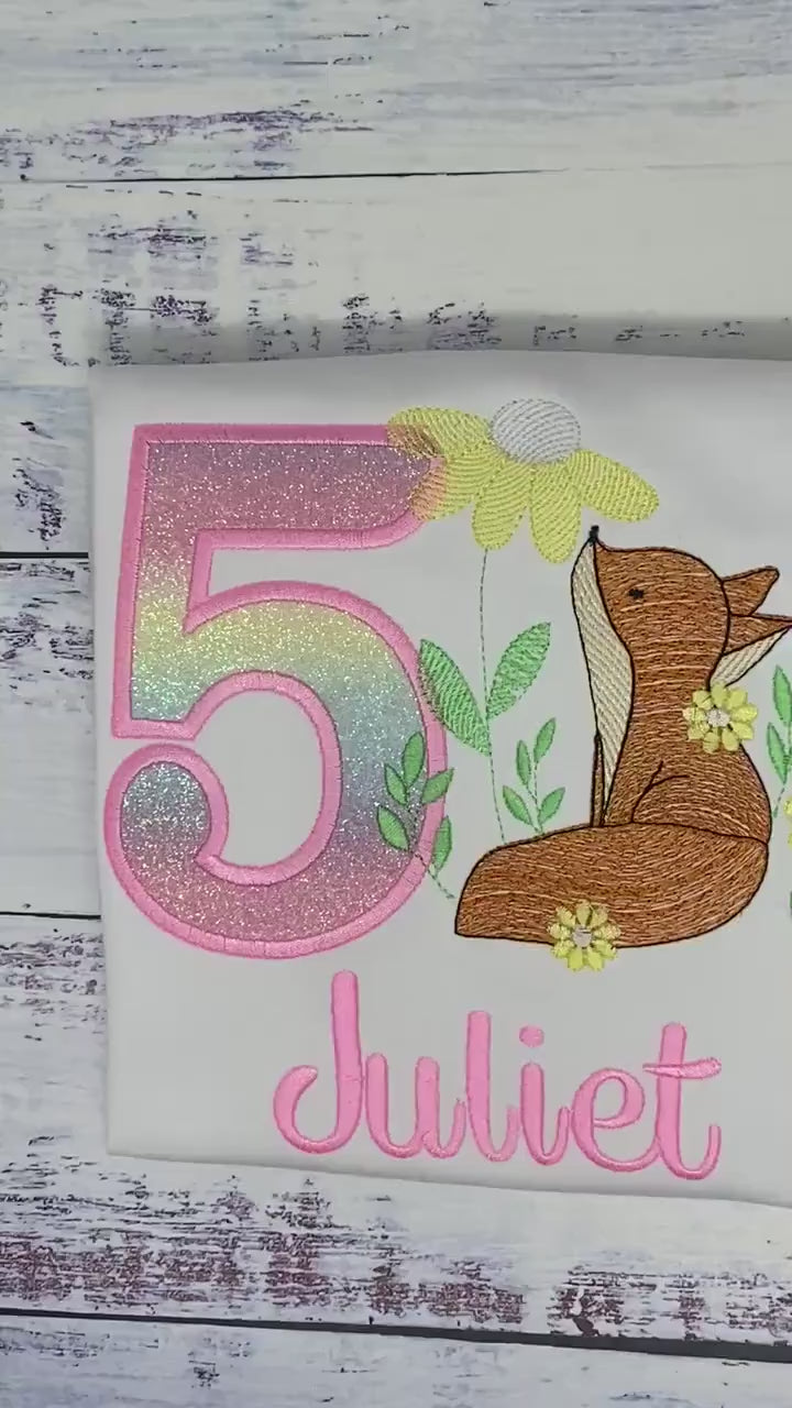 Girl embroidered shirt with fox, Fox birthday theme party, 5th birthday red fox tee