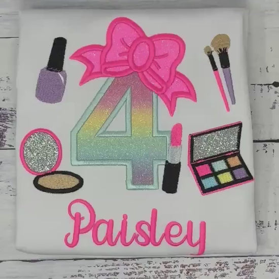 Girl 4th Birthday Shirt with Make up, Salon, Bow Number Shirt, Number cosmetics, Lipstick Powder Brush,Bright Hot Pink and Neon Make up