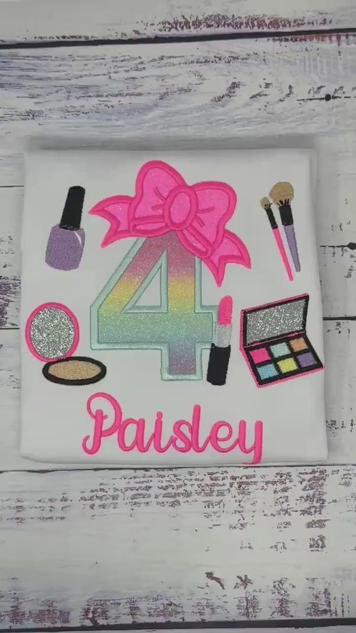 Girl 4th Birthday Shirt with Make up, Salon, Bow Number Shirt, Number cosmetics, Lipstick Powder Brush,Bright Hot Pink and Neon Make up