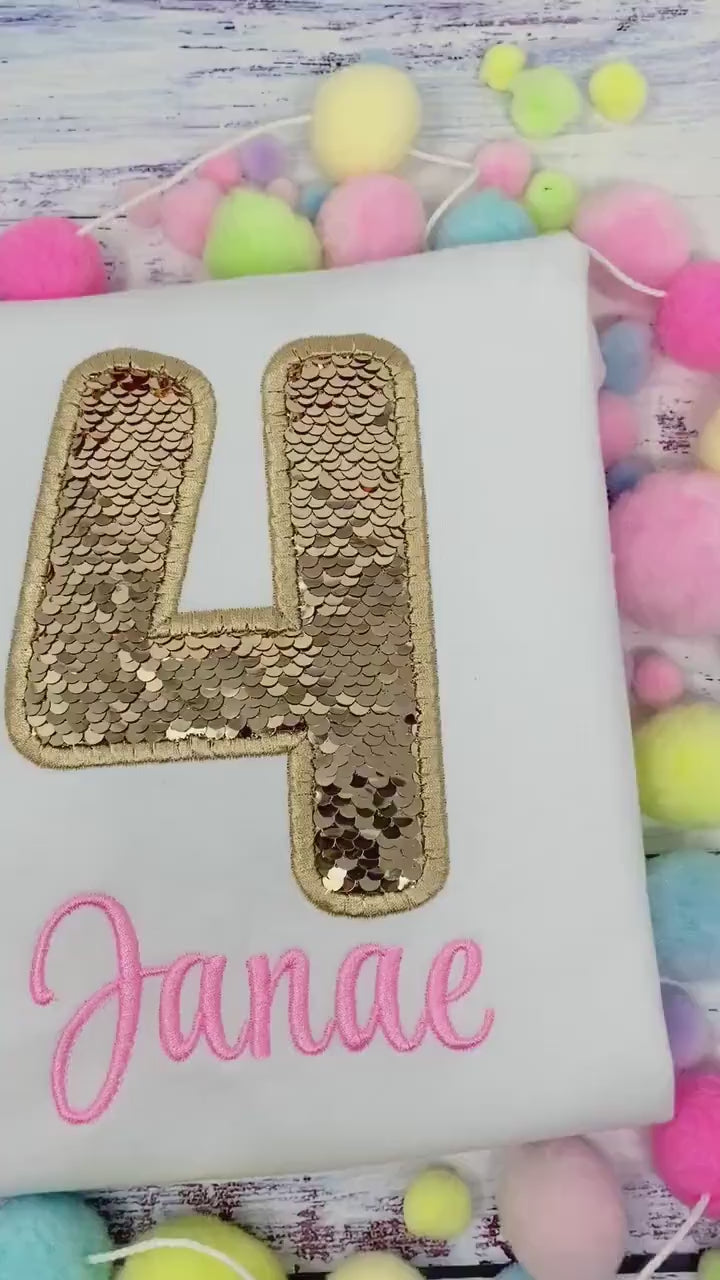 Girl 4th Golden Birthday, Glimmer gold Birthday Shirt, Gold Sequins Number, Girls 4th Birthday Shirt,