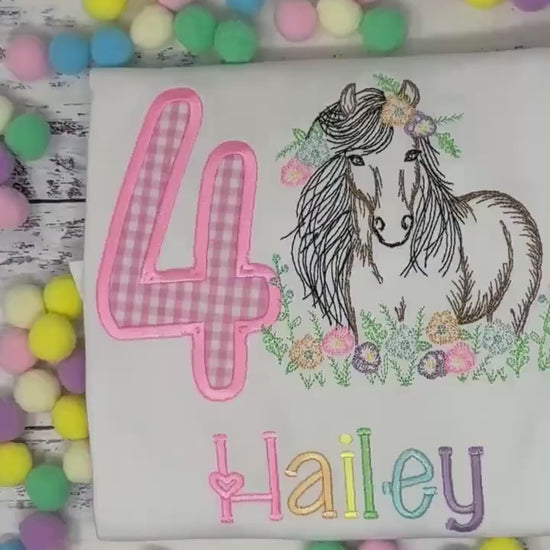 Girl 4th Birthday Shirt With Bay Brown Horse, Pink Gingham Number with Horse wearing Flowers in His Mane, Sketch  Embroidered Horse