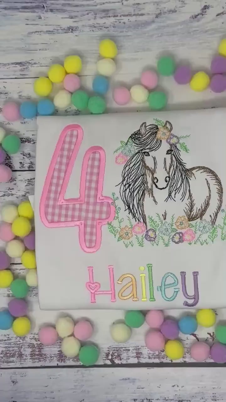 Girl 4th Birthday Shirt With Bay Brown Horse, Pink Gingham Number with Horse wearing Flowers in His Mane, Sketch  Embroidered Horse