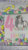 Girl 4th Birthday Shirt With Bay Brown Horse, Pink Gingham Number with Horse wearing Flowers in His Mane, Sketch  Embroidered Horse