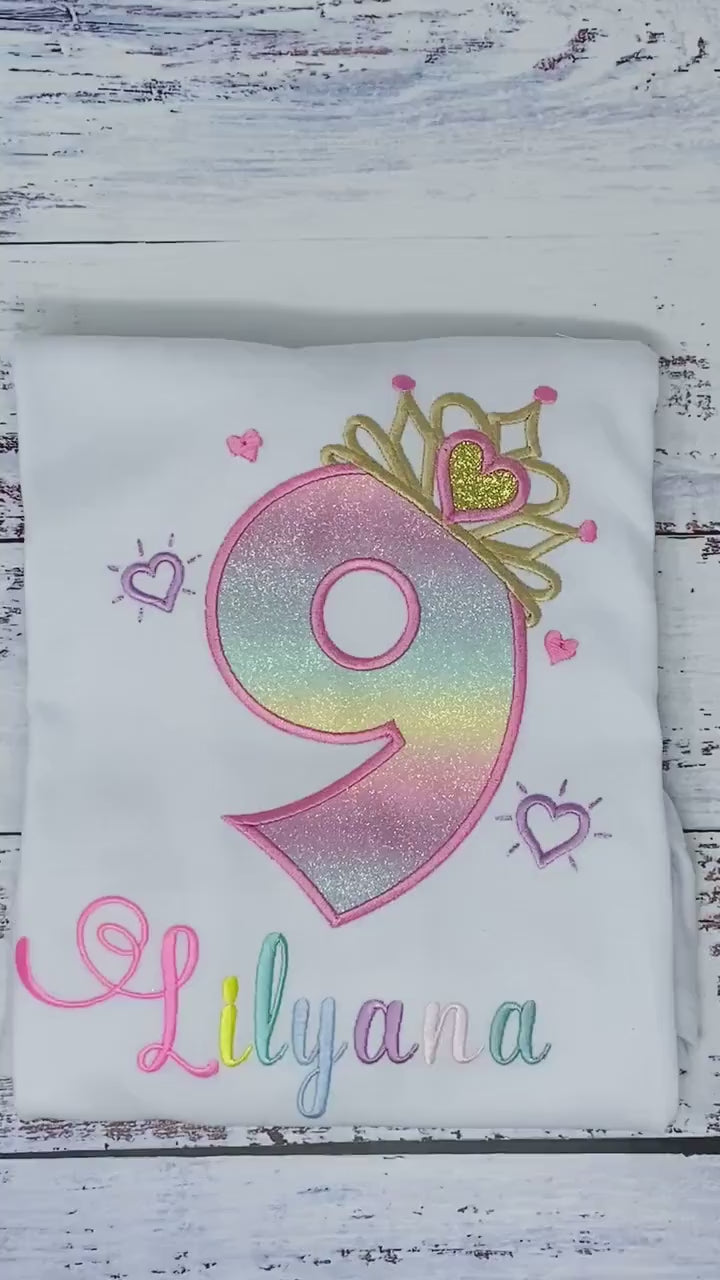 9th Birthday Shirt for Girl, Rainbow Princess Birthday Shirt, Birthday Number with Crown, Girls 4th Birthday Shirt, Princess Birthday Party