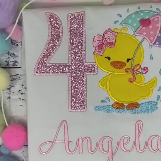 Girl Personalized Yellow Duckling Tee, Casual Duck in the rain Shirt, Shirt with Pink Number and name, Custom birthday Applique tee