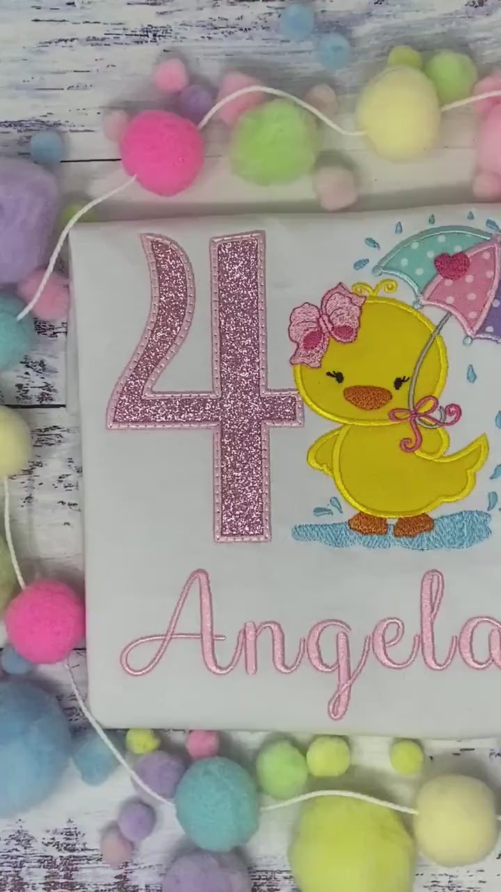 Girl Personalized Yellow Duckling Tee, Casual Duck in the rain Shirt, Shirt with Pink Number and name, Custom birthday Applique tee