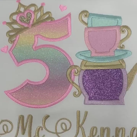 Girl Tea Party Birthday Shirt, 5th 4th 3rd birthday Tea party shirt, Birthday outfit with tea party embroidery