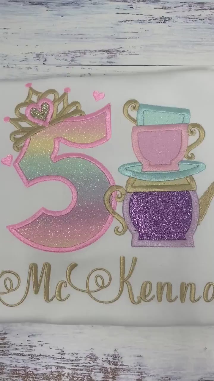 Girl Tea Party Birthday Shirt, 5th 4th 3rd birthday Tea party shirt, Birthday outfit with tea party embroidery