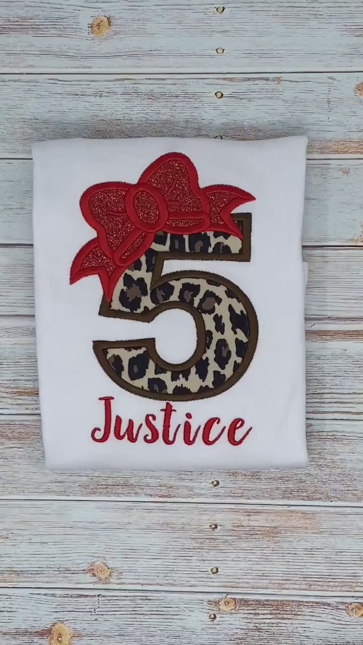 Girl birthday shirt with cheetah number and red bow, 5th birthday outfit, Personalized shirt, 1st, 2nd, 3rd, 4th birthday shirt, Leopard tee