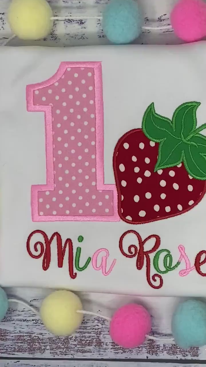 Girl 1st birthday shirt with strawberry, Berry birthday, Pink Polka dot number, Red strawberry tee, Any age