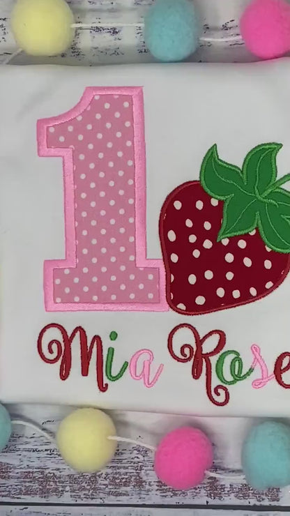 Girl 1st birthday shirt with strawberry, Berry birthday, Pink Polka dot number, Red strawberry tee, Any age