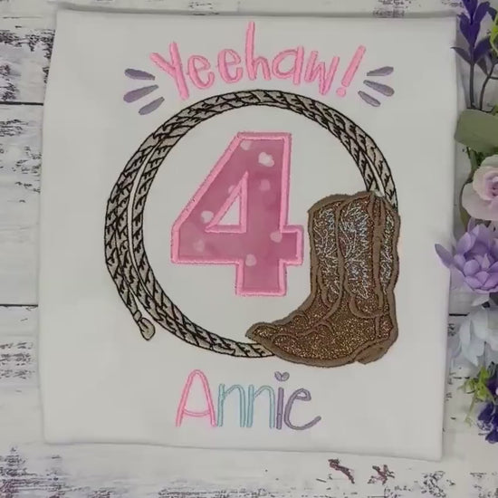 Girl 4th Birthday Shirt with Western Boots, Rope, Pink Number, Western Yeehaw! Embroidery, Rodeo Western Style Shirt