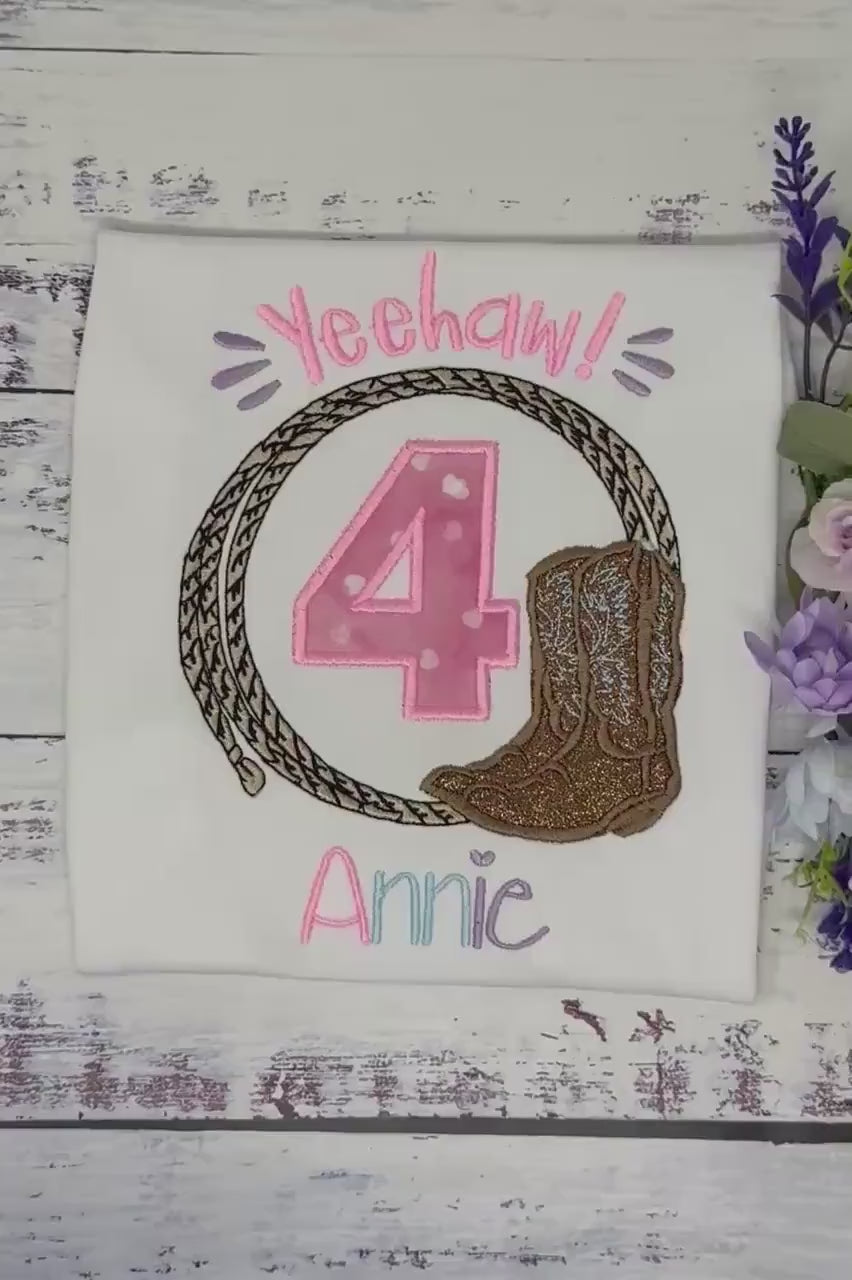Girl 4th Birthday Shirt with Western Boots, Rope, Pink Number, Western Yeehaw! Embroidery, Rodeo Western Style Shirt
