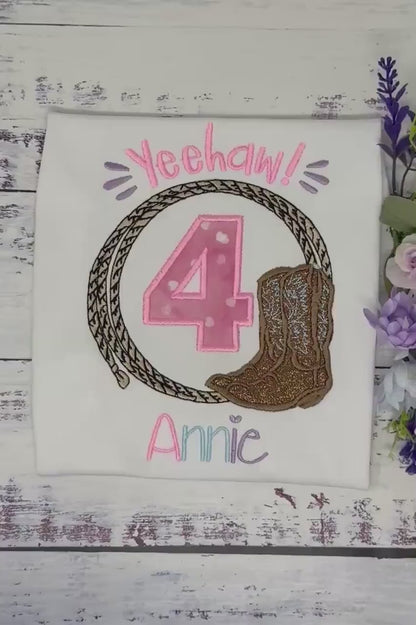 Girl 4th Birthday Shirt with Western Boots, Rope, Pink Number, Western Yeehaw! Embroidery, Rodeo Western Style Shirt