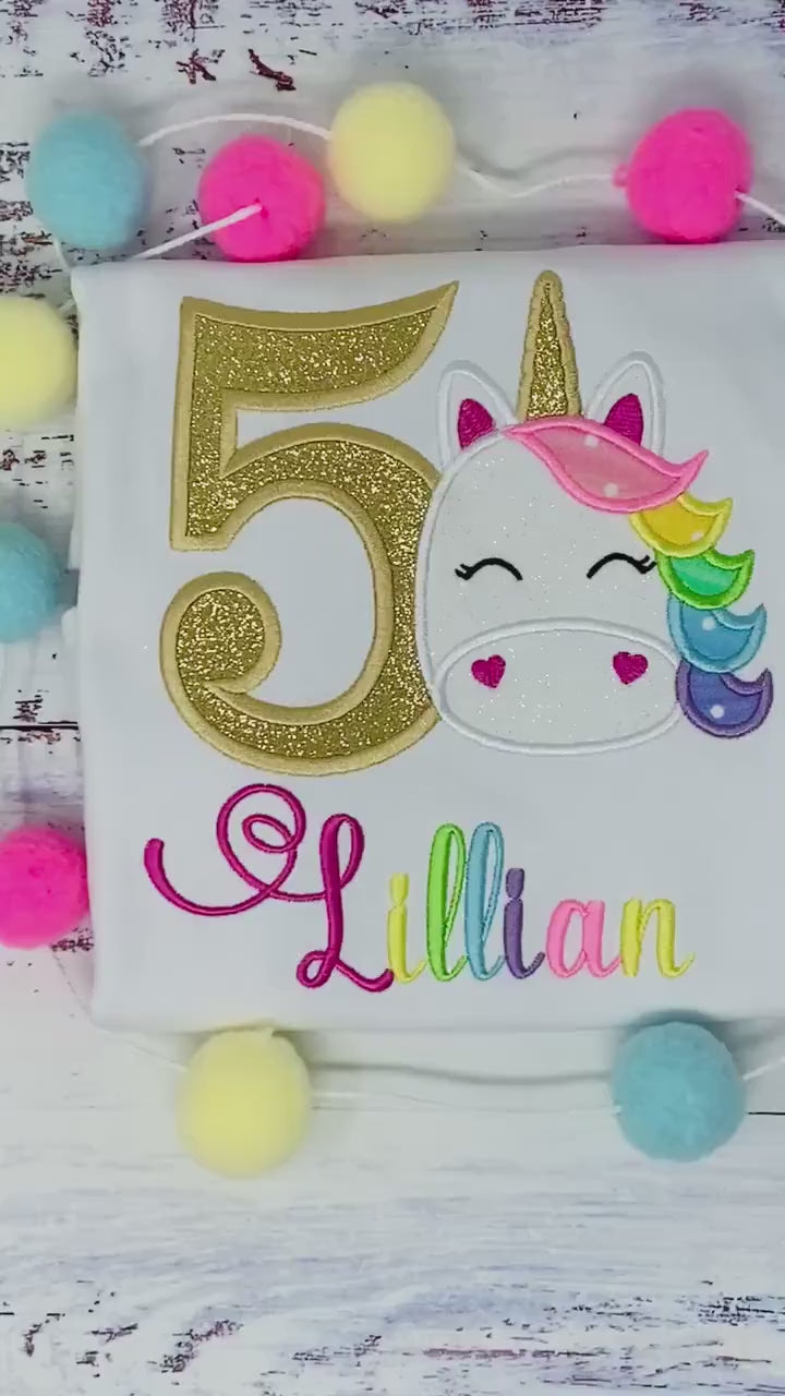 5th Birthday shirt with rainbow unicorn , Rainbow Name and gold number, Unicorn party, Unicorn outfit for a girl 2nd, 3rd, 4th birthday