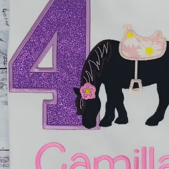 Girl 4th Birthday Shirt With Brown Black Horse, Birthday Shirt with Embroidered Horse and Saddle, 4th, 6th Horse Birthday Shirt