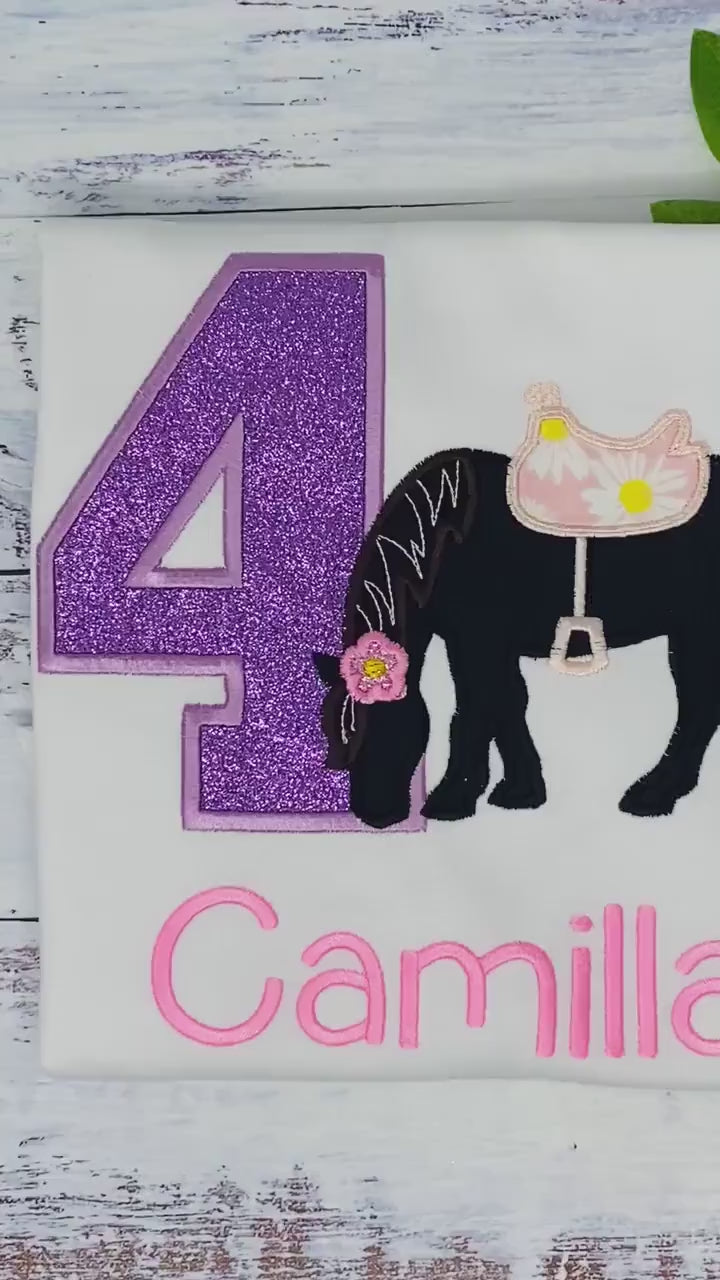 Girl 4th Birthday Shirt With Brown Black Horse, Birthday Shirt with Embroidered Horse and Saddle, 4th, 6th Horse Birthday Shirt
