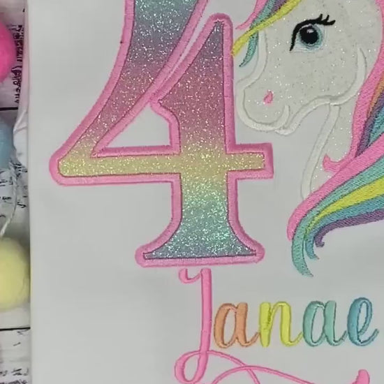 Girl 4th Birthday Pastel Unicorn & number Shirt, Girl Rainbow Pastel Unicorn Birthday, Rainbow Uni, Unicorn embroidery, Any age, Script Font