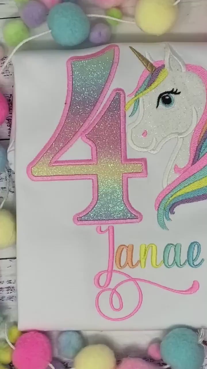 Girl 4th Birthday Pastel Unicorn & number Shirt, Girl Rainbow Pastel Unicorn Birthday, Rainbow Uni, Unicorn embroidery, Any age, Script Font